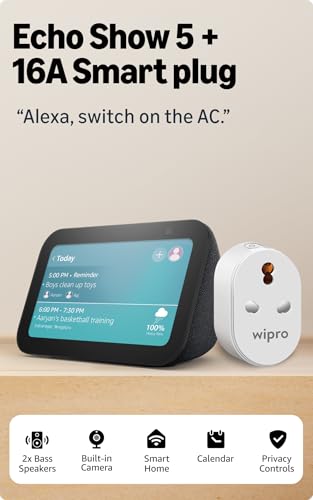 Amazon Echo Show 5 (Charcoal) | Smart display with Alexa, 2x Bass Speaker, combo with wipro 16A smart plug