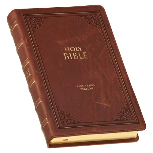KJV Holy Bible, Standard Size Premium Full Grain Leather Red Letter Edition - Thumb Index & Ribbon Marker, King James Version, Brown Debossed - image 1