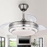 CNCMtiger 36" Retractable Ceiling Fan with Lights Remote Control, Retractable Blade Ceiling Fan 6-Speed 3 Color Changeable, Brush Nickel, for Living Room Bedroom