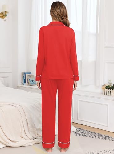 Image of Veseacky 100% Cotton Women's Pajama Set Long Sleeve Button Down Sleepwear Soft Pjs Lounge Sets Nightwear Pjs XS-XXL