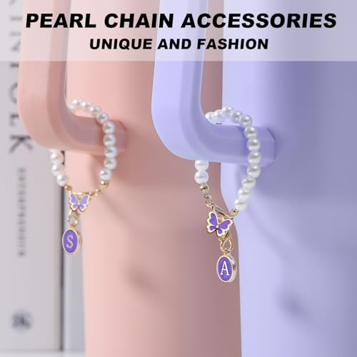 Image of Letter Charm for Stanley Cup,Pearl Chain Accessories Stanley Cup Initial Charms for Handle Stuff Decor Water Bottle Jewelry Tumbler Cute Personalized Name ID Decorations Purple Tag F