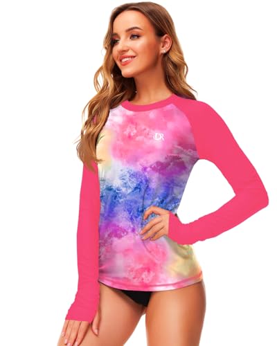 Image of Deerose Womens Gradient Rash Guard UPF 50+ Swim Shirts Surfing Top with Thumb Hole