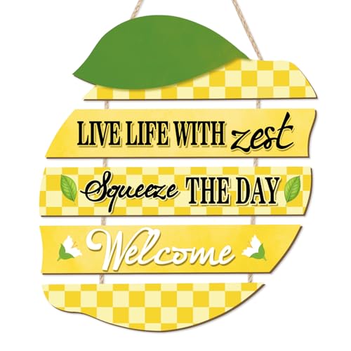 HOURIA Summer Lemon Welcome Front Door Sign Hanging(11.4"x11.5"), Checkered Lemon Wreath Rustic Wooden Wall Decor,Funny Welcome Decorations for Classroom Porch Home Kitchen,Housewarming Gift