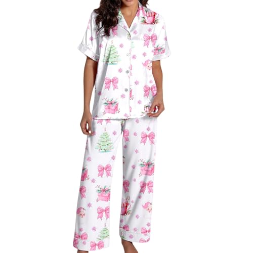 Conjunto de pijama cómodo de satén de manga corta con botones y pantalones, ropa de dormir suave para noches acogedoras y relajación, sueño y descanso (2), rosa, M
