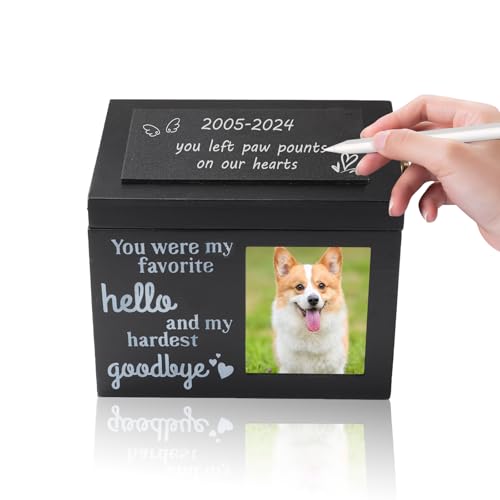 Yallmie Urne pour Chien en Bois, 19x14x13cm Urne Chien Bois Noire avec Cadre Photo et Serrure, Urne Funéraire Urnes pour Animaux de Compagnie pour Chat, Chiens, Cadeau Commémoratif pour Animaux