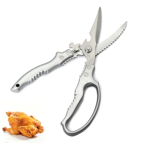 Tijeras Cocina Multifuncionales, Tijeras Huesos de Pollo Acero 3cr13, Tijeras para Barbacoa Domésticas, Adecuadas para Aves, Espinas de Pescado, Carne, Verduras, etc, Plateadas, 23.7 X 8.5 cm