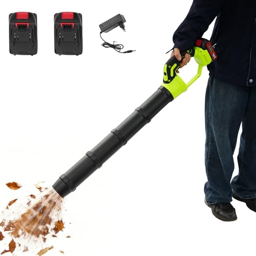 Soplador de hojas eléctrico, con 2 baterías de 1,5 Ah y cargador, 190 km/h, 900 m³/h de potencia de soplado, soplador de hojas inalámbrico, soplador de hojas para jardín, hojas, polvo y nieve (verde y