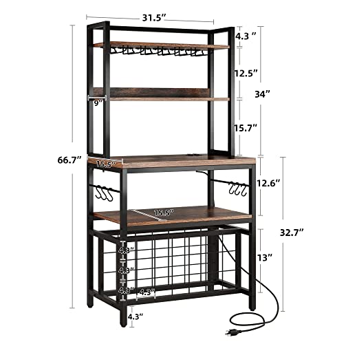 DWVO Large Bakers Rack with Power Outlets and Wine Rack, 5-Tier Microwave Stand with Glasses Holder, Coffee Bar Kitchen Storage Shelf with 6 Hooks, for Kitchen, Living Room, Office, Rustic Brown