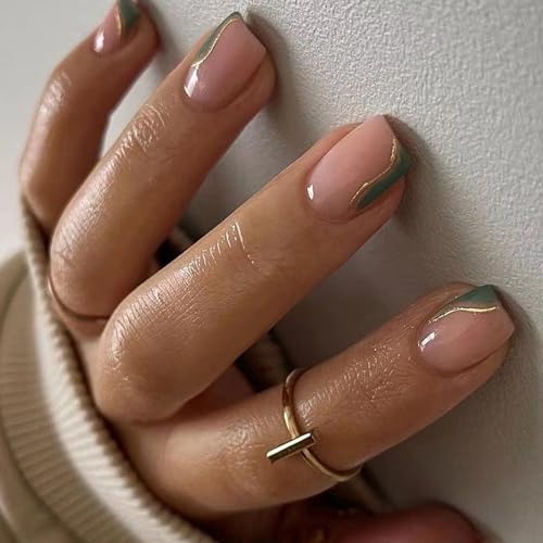 24 uñas postizas cuadradas cortas en espiral, uñas artificiales, punta francesa, uñas adhesivas brillantes a presión para mujeres y niñas