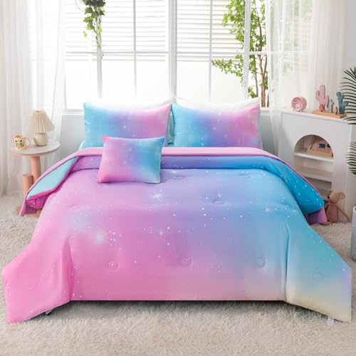 Image of 6 Pcs Girls Twin Comforter Set with Sheets Colorful Rainbow Pink Blue Ombre Kids Bedding Sets Tie Dye Galaxy Glitter Bed in A Bag for Bedroom (Pink Blue, Twin)