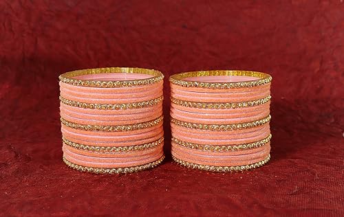 Image of NMII Premium Glass & Golden Beads Velvet Bangle Set For Women and Girls | Velvet Chudi | Traditional Chudi Set | Designer Girl's Bangles Bracelet | Wedding, Party, Festive, Daily- Set of 34