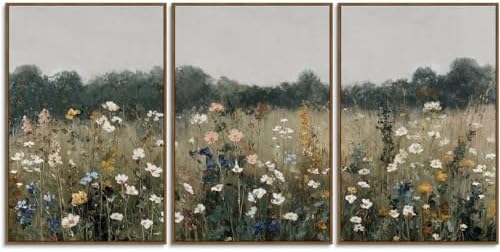Vintage Meadow Landscape Wildflower Wall Art Framed Canvas Prints...