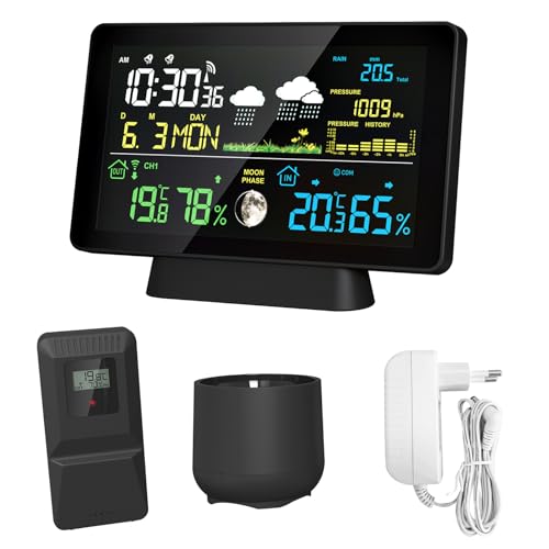 Station météo HUIOP Station météo à écran couleur de 7,5 pouces, pluviomètre, compteur de température et d'humidité intérieure et extérieure, station météo avec affichage des phases de lune, affichage