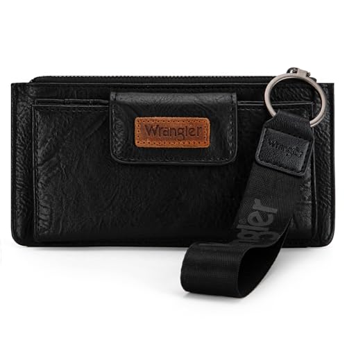 Image of Montana West X Wrangler Black Minimalist Wallet for Women Ladies Female Card Cases & Money Organizers Wristlet with Wallet Large Clutch with Coin Purse Smooth Zipper and Rfid Lining