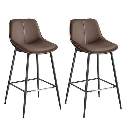 VASAGLE Juego de 2 Taburetes de Bar, Sillas de Cocina, Respaldo Ergonómico, Tapicería de PU, Patas de Metal con Pies Ajustables, 73 cm de Altura, Montaje Fácil, Marrón Café LBC888K02