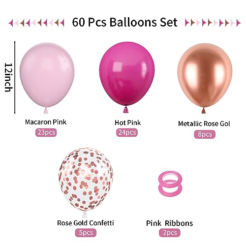 Image of Hot Pink and Rose Gold Balloons, 60Pcs Pastel Pink Balloon, 12 Inch Metallic Rose Gold Confetti Balloons Helium Rose Red Latex Balloon for Girls Birthday Baby Shower Wedding Bridal Party Decorations
