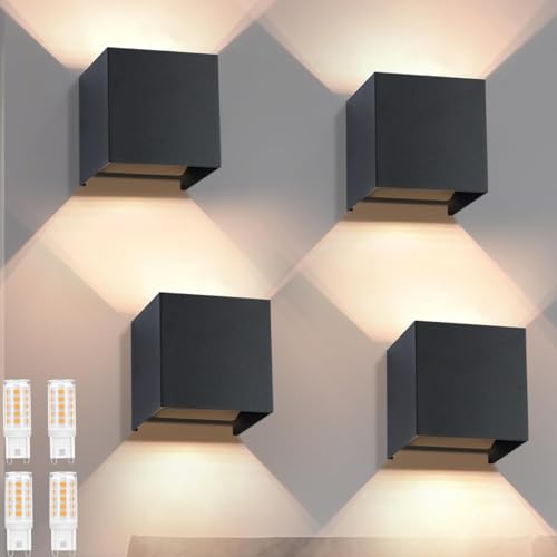 Homefire LED Wandleuchte Aussen/Innen - 4ER G9 Außenwandleuchten 3000K Warmweiß Aussenlampe Schwarz Außenlampe Up Down Einstellbar Abstrahlwinkel...