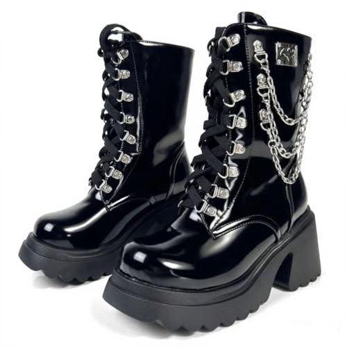 Image of MEOTINA Goth Women Platform High Heel Boots Buckle Combat Ankle Booties | Features edgy gothic steampunk rave emo sexy cosplay styling, designed with thick heel, buckle, studded ,lace up and zipper