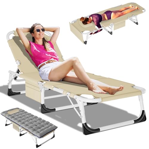 DoCred Heavy Duty Tanning Chair with Face Hole, Adjustable 5-Position Folding Chaise Lounge Chairs for Outside, Portable Lay Flat Beach Lounge Chair for Outdoor Sunbathing Beach Pool Lawn Camping