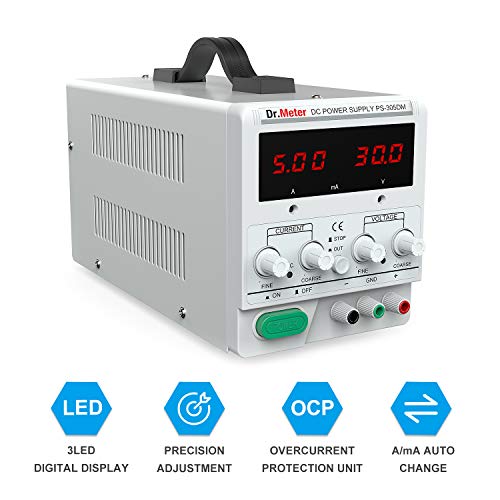 Dr.meter Dc Power Supply, 30V 5A Adjustable Switching Regulated Dc Bench Linear Power Supply With Alligator Leads And 3 Led Digital Display, Variable Power Supply With Us 3-Prong Cable #TOP2