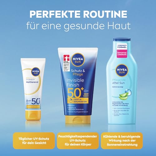 NIVEA SUN Schutz & Pflege Invisible Finish LSF 50+, wasserfester Sonnenschutz mit Hyaluron, schnell einziehende Sonnencreme für intensive Feuchtigkeit ohne weiße Rückstände (150 ml) 6
