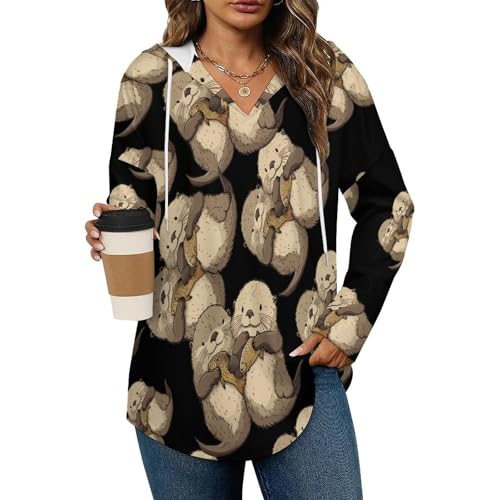 Sea Otter Hoodies for Women V Neck Pullover Sweatshirts Long Sleeve Shirts Fashion Tops