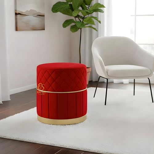Image of Set of 2 Round Velvet Ottoman Footstool Gold Base - Tufted Upholstered Pouffe Stool for Living Room, Bedroom & Dressing Area (Red)