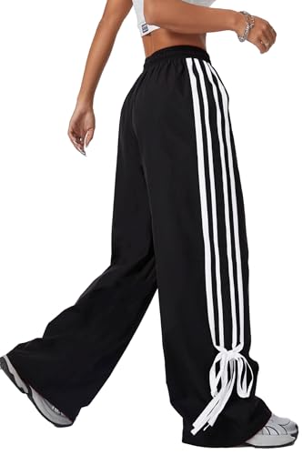 Women's Y2K Baggy Bow Wide Leg Pants Striped Track Elastic Waist Long Sweatpants Parachute Pants2