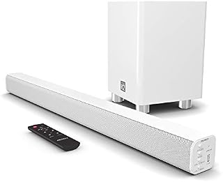 MAJORITY K2 Sound Bar with Subwoofer | 150W Powerful Stereo 2.1 Channel Sound Bar for TV | Home Theatre 3D Surround Sound I HDMI ARC, Bluetooth, Optical & RCA Connection I USB & AUX Playback | White
