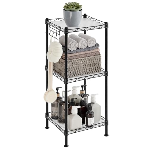 SONGMICS 3-Tier Bathroom Shelf, Storage Rack for Small Space, with 3 PP Shelf Liners, Removable Hook, Extendable Design, Ink Black and Translucent ULG