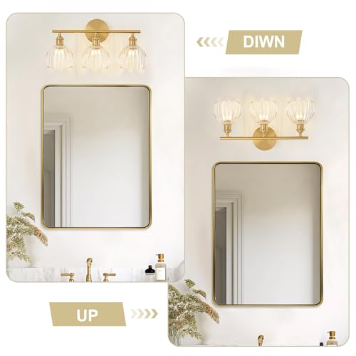 Image of Gold Bathroom Light Fixtures Over Mirror, 3 Light Bathroom Vanity Light with Tulip Transparent Glass Lampshade, Vintage Vanity Lights for Bathroom, Bathroom Vanity Lights Over Mirror
