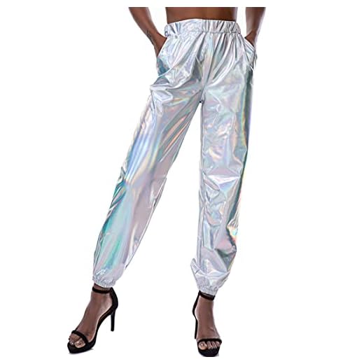 Fenyong Womens Shiny Metallic Pants, Holographic Disco Sweatpant for 70s 80s Alien Space Cowgirl Halloween Costume