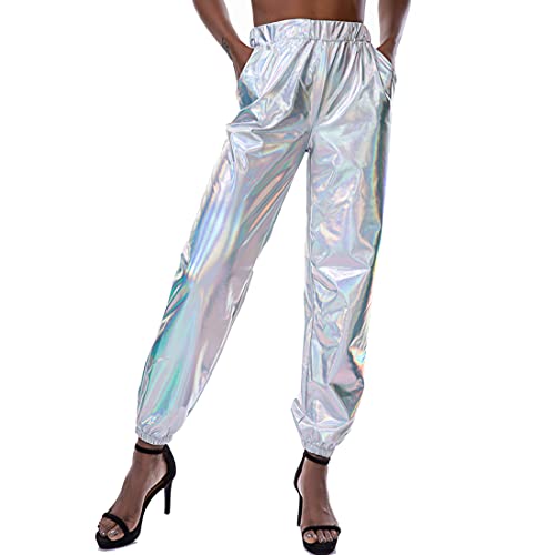 Womens Shiny Metallic Pants, Holographic Disco Sweatpant for 70s 80s Alien Space Cowgirl Halloween Costume