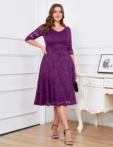 Image of Dressystar Womens Long-Sleeve Wedding Guest Dress A-Line Lace Formal Party Cocktail Midi Dress Prom Gown