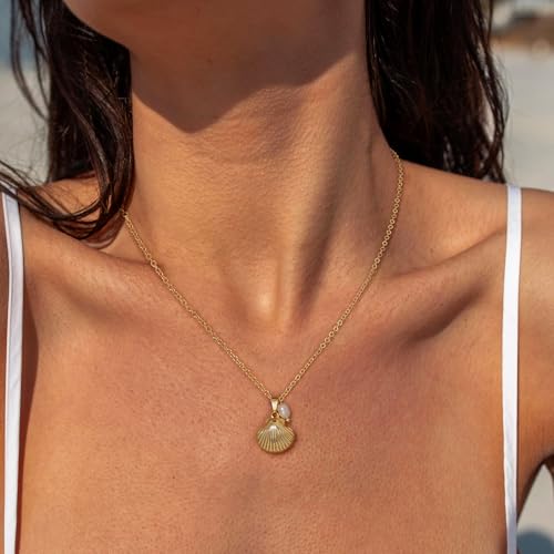 Ewrkbr Gold Necklace for Women,14K Gold Plated Shell Starfish Beach Necklaces Cute Boho Pendant Necklace Fashion Summer Waterproof Pearl Jewelry for Women2