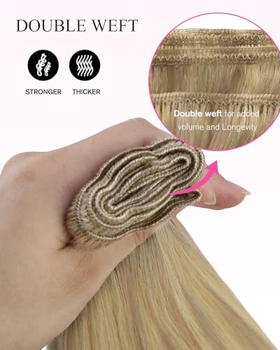 Image of YoungSee Sew in Extensions Real Human Hair, 125G 22 Inch Long Straight Hair, Weft Hair Extensions Human Hair, Dirty Blonde Highlights Bleach Blonde, Invisible Sew in Bundle for Natural Look