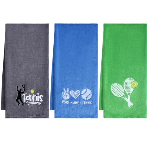 VitalCozy 3 Pcs Tennis Towel Cotton 30x14 Inch Embroidered Sports Towel Funny Tennis for Women Men Sports Player Fitness Accessories(Green Blue Gray,Classic Style)
