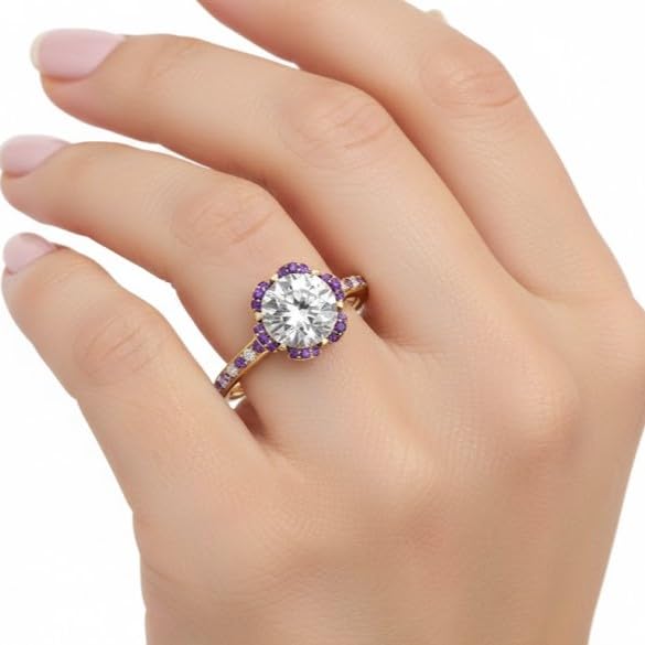 Image of 55Carat Choose Your Gemstone 6 Petal Ring Yellow Gold Plated Round Shape Halo Engagement Rings Well Shaped for Any Gift Giving Occassion Modern Style Enchating Women US Size 4 to 12