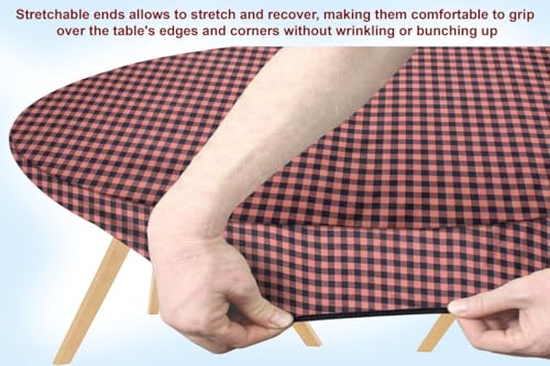 Image of The Furnishing Tree Elastic Oval Dining Table Cover WxL 35x63 in Inches Polyester Checkered Pattern Beige