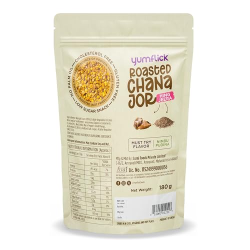 Image of Yumflick Roasted Chana JOR Hing Jeera Flavour | Pack of 2 x 180g | High Fibre & Protein Snack | Roasted Not Fried | No MSG | Gluten-Free | No Palm Oil | Crunchy Desi Namkeen Snack