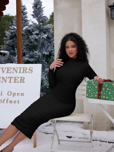 LAGSHIAN Women's Cocktail Bodycon Long Sleeve Mock Neck Mesh Ruched Midi Party Dress4