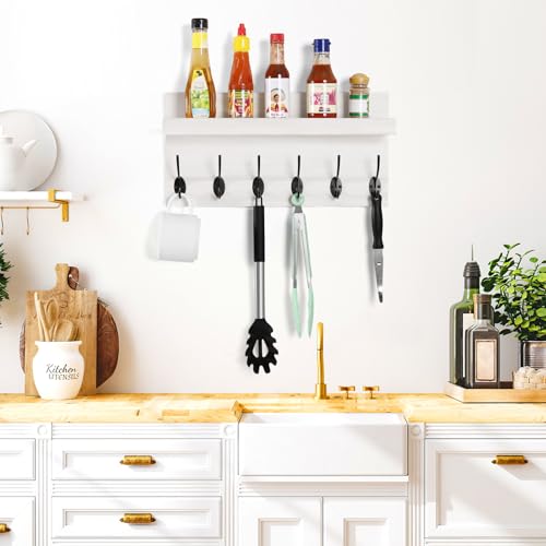 HRONRAD Shelf with Hooks, Coat Rack Wall Mount with 6 Double Metal Hooks, 17 Inch Farmhouse Wall Hooks with Shelf, for Entryway, Bathroom, Kitchen, White by HRONRAD - Image 4