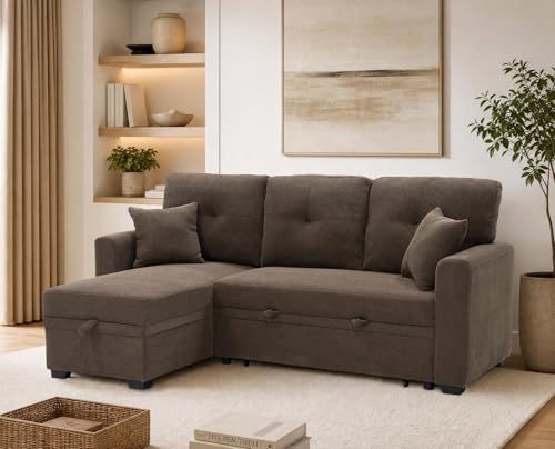 Image of KEIKI 71 inch Sectional Sleeper L Shaped Sofa with Pull Out Bed, Sleeper Sofa with Reversible Chaise, 3 Seater Modular Sectional Sofa with Storage for Living Room, Coffee