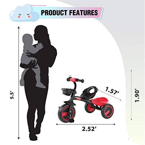 Image of LuvLap Joy Baby Cycle / Tricycle For Kids, 3 To 5 Yrs, Upto 25Kg, Adjustable Safety Belt, Front & Rear Baskets, 2 Position Adjustment (Red)