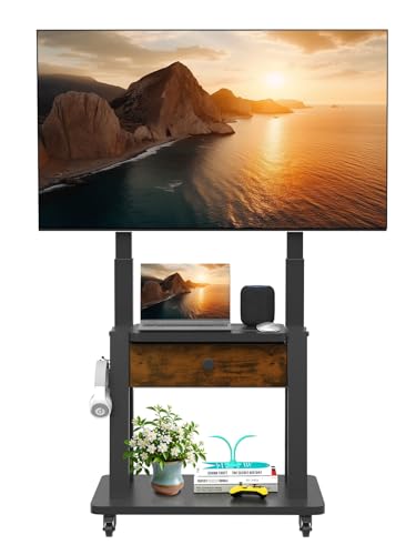 Soporte de TV rodante con cajón de tela para pantalla plana/curvada de 32 a 75 pulgadas de hasta 220 libras LCD/LED/OLED, altura ajustable, carrito de TV móvil con ruedas para oficina en casa al aire