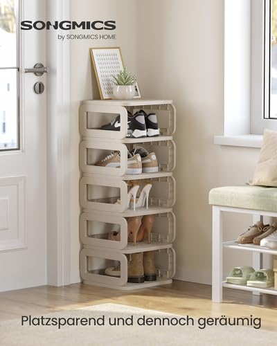 SONGMICS Schuhregal schmal, 5 Fächer, platzsparend, Schuhablage, hoch, Schuhaufbewahrung, offen, Regal für Eingangsbereich, Flur, Badezimmer, cappuccinobeige LPC037K01