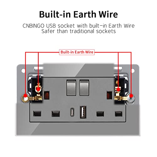 5 Pack CNBINGO Glass Double Switched Socket with USB-A and Type-C Charging Ports, Grey Tempered Glass Panel Wall Outlet, 2 Gang 13 Amp Electric Power Socket 5 Pack CNBINGO Glass Double Switched Socket with USB-A and Type-C Charging Ports, Grey Tempered Glass Panel Wall Outlet, 2 Gang 13 Amp Electric Power Socket