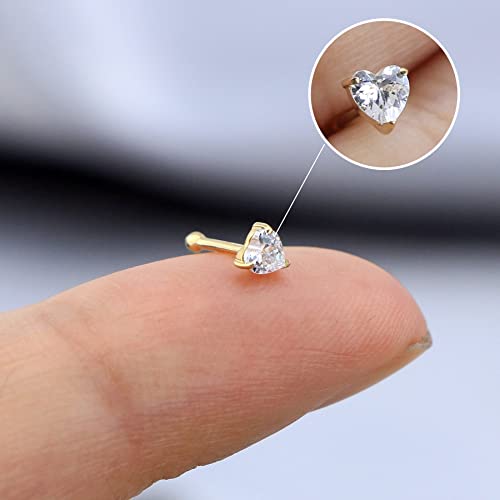Cocharm 14K Solid Gold Heart Nose Rings Stud 20G Yellow Gold Bone Nose Ring Clear Cz 7Mm Hypoallergenic Nose Piercing For Women #TOP2