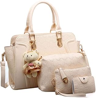 FiveloveTwo Women Ladies 4Pcs Handbag Set Tote Satchel Shoulder Bag PU Top Handle Bag Purse Clutch Card Holder with Bear Ornament Black