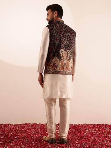 Kurta pyjama en soie et veste Nehru velours homme Sojanya motif cachemire